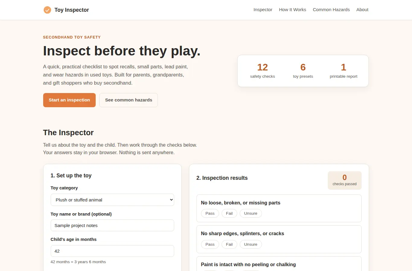 Screenshot of Thrifted Toy Safety Inspector interface showing the project page in use